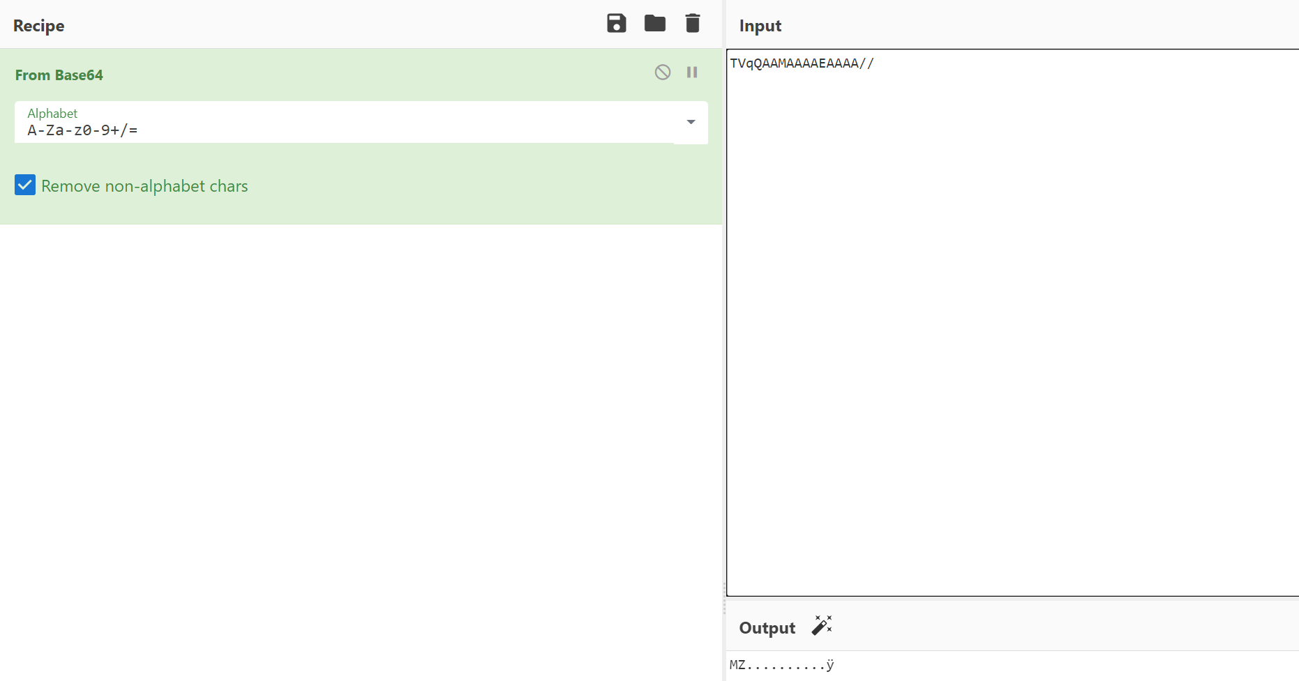 MZ header as represnted in Base64 in CyberChef